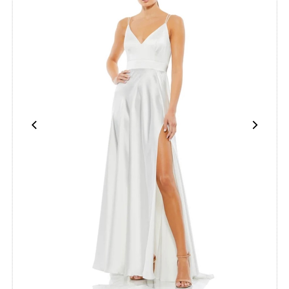 Ieena for Mac Duggal Satin Strappy Back High-Slit Gown